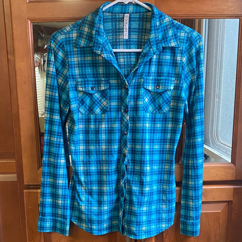 Women’s Blue Plaid Button-Up Size Small Shirt Academia Collegiate